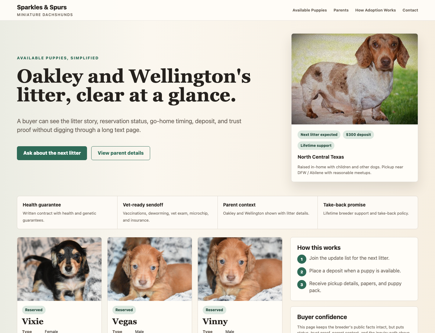 Puppy page direction showing puppy cards, status labels, and breeder trust details